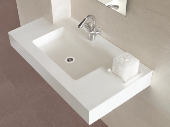 Plan vasque lavabo sur mesure : L 60 à 201 x P 40 à 51 cm, finition lisse mate, 10 couleurs au choix, Anti bactérien, résine Akrytan® teinté dans la masse, Livraison Offerte.